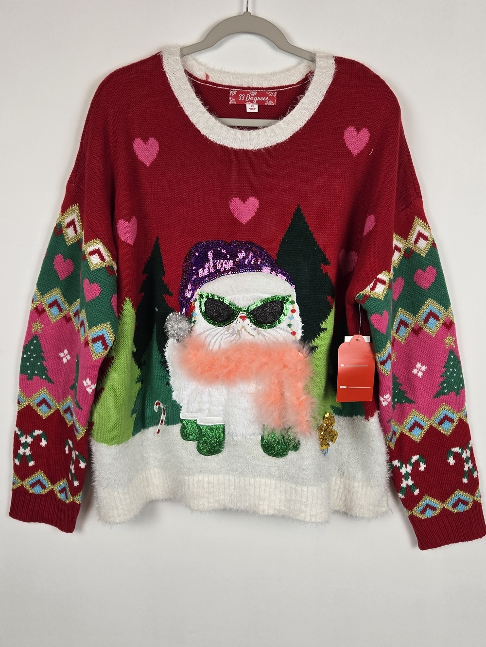 32 Degrees Red, Green & Pink Holiday Christmas Cat Sweater NWT!
